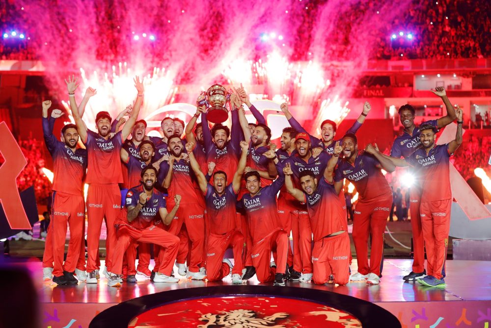 Royal Challengers Bengaluru celebrating win during the final of the Indian Premier League season 18 (IPL 2025)  between Royal Challengers Bangalore and Punjab Kings held at the Narendra Modi Stadium,  Ahmedabad on the 3rd June  2025

Photo by: s Saikat Das / Sportzpics for IPL