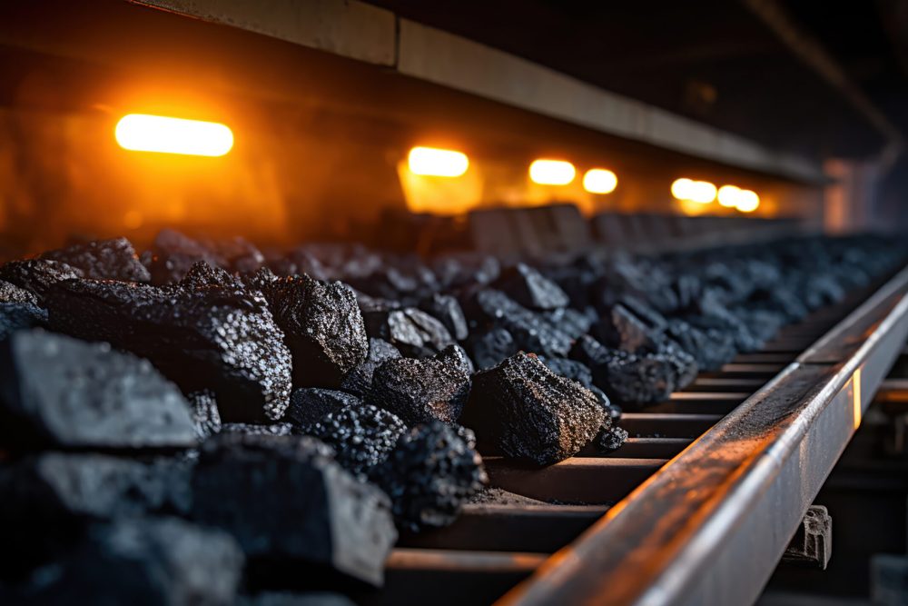 Coal on a conveyor belt in motion.