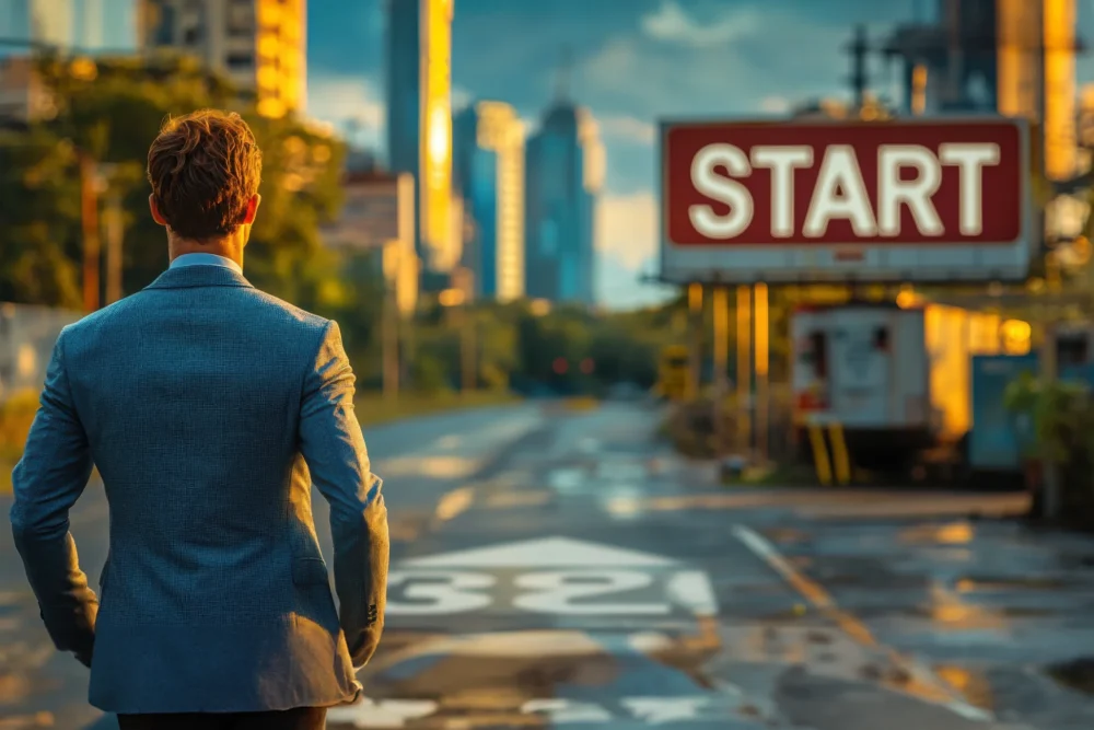 man-dressed-business-suit-runs-energetically-down-road-toward-vibrant-city-skyline-marked-by-clear-start-sign-ground