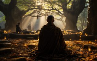 Monk meditates under oak, deep connection with nature., generative IA